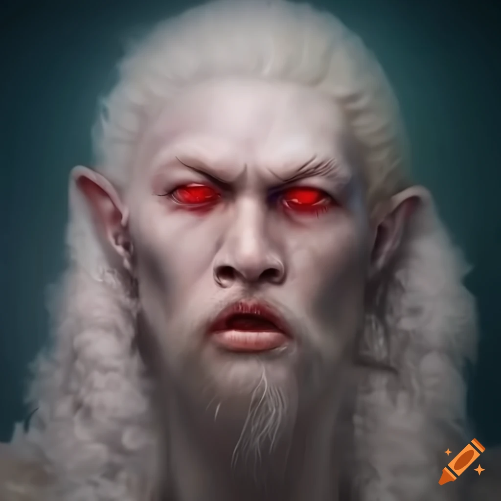 Hyper realistic portrait of albino jason momoa with red eyes and long white hair on Craiyon