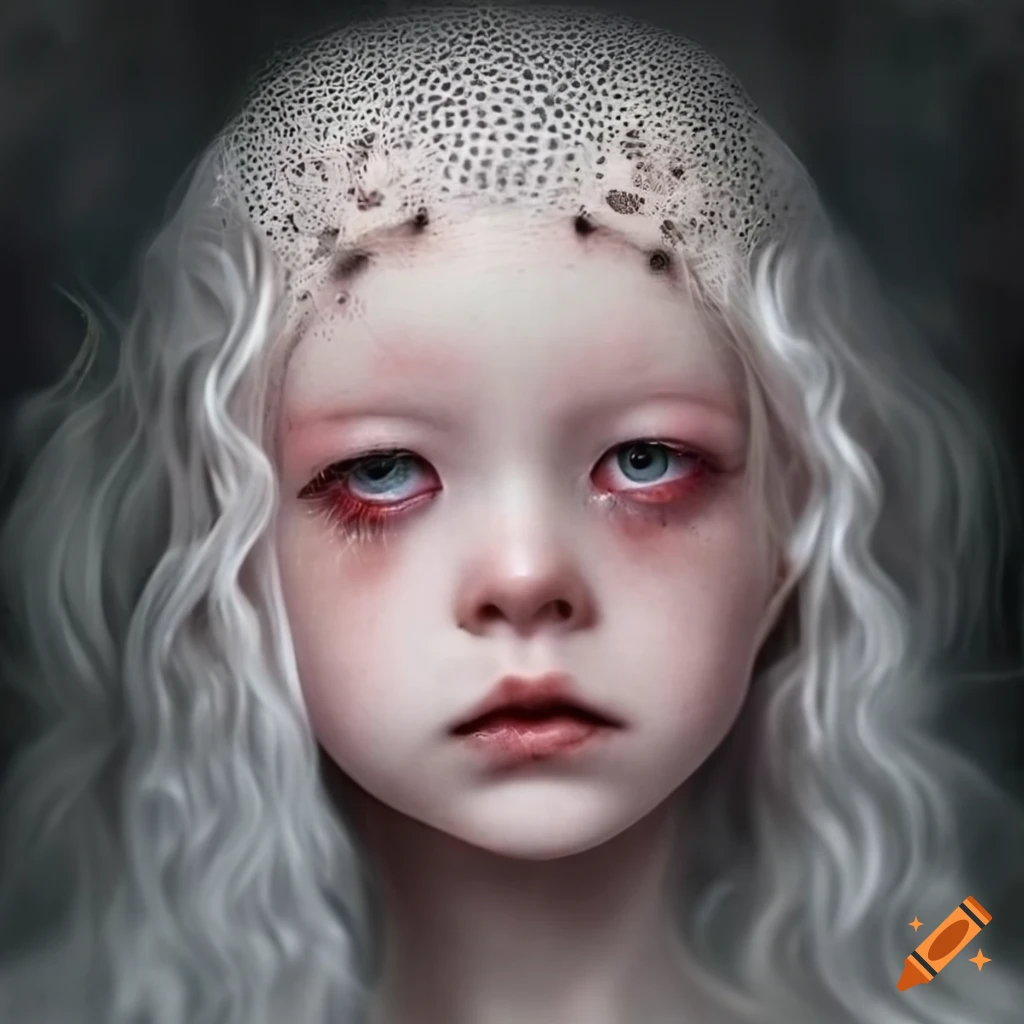 Haeckel-style cute albino girl with unique embellishments and sad dark eyes