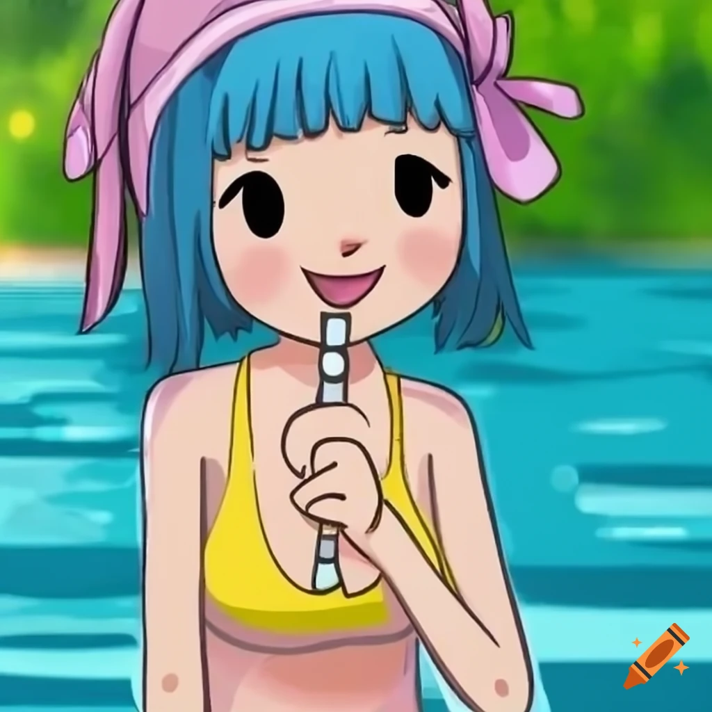 Cute girl at a pool party with Rhythm Heaven characters