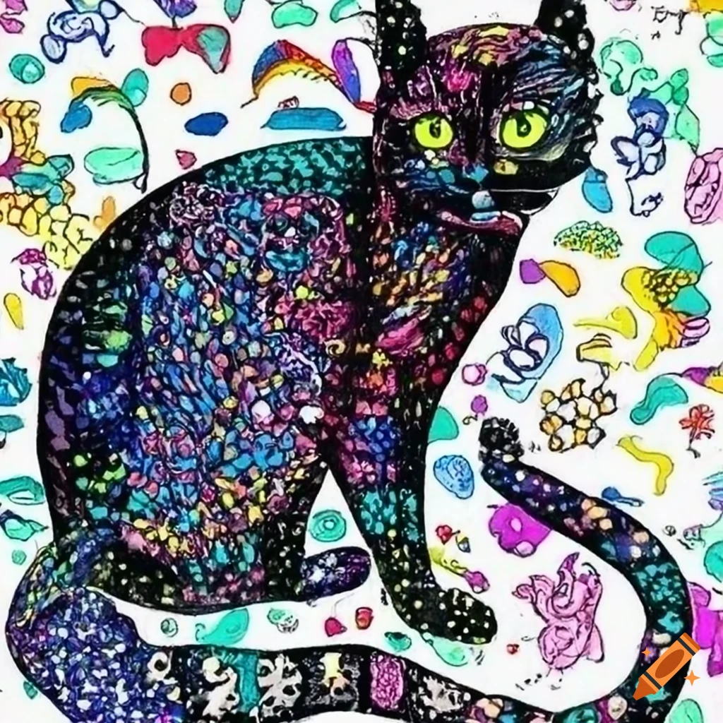 Pointillism black cat art in retro style