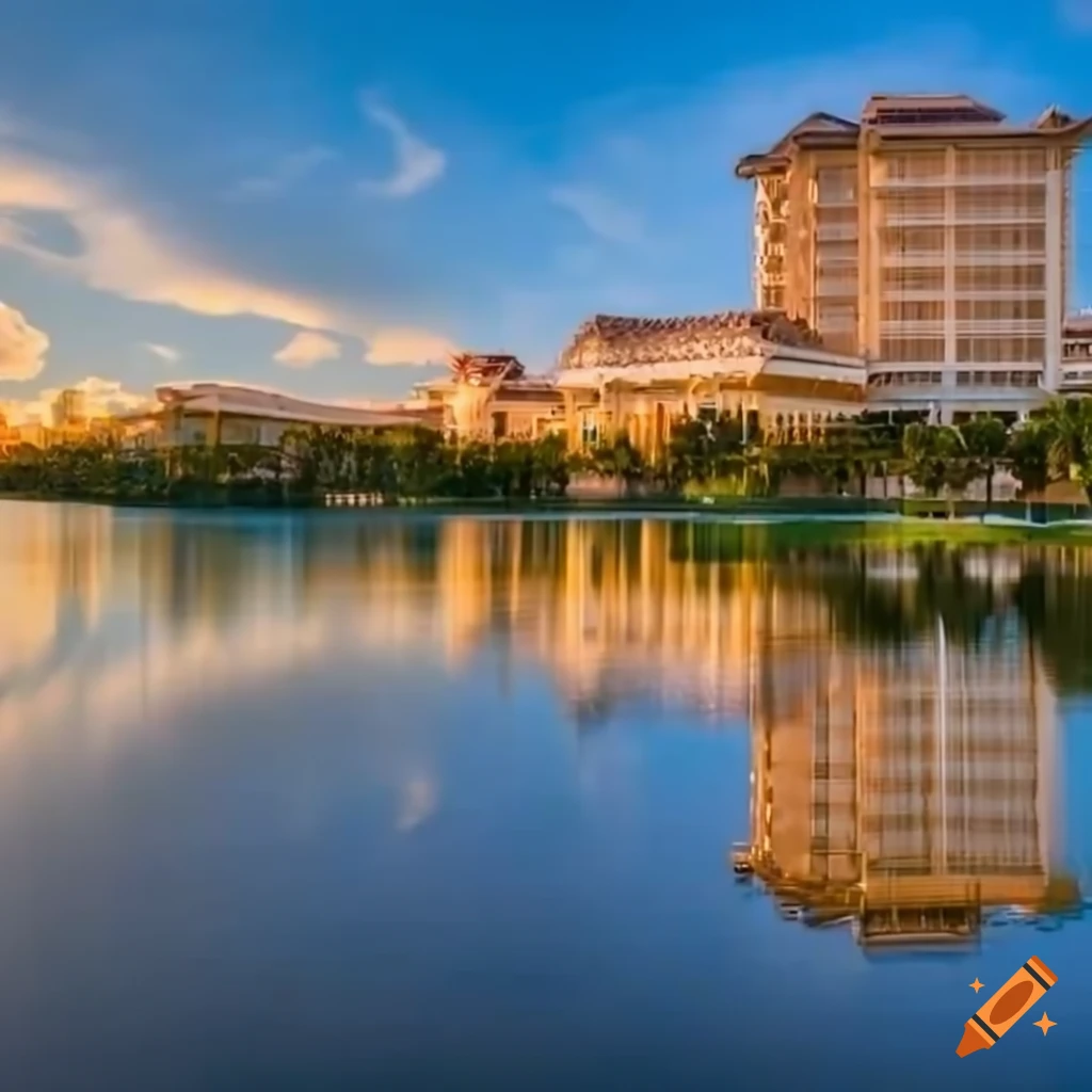 Disney's Coronado Springs Resort Hotel reflected in a lake with intricate details