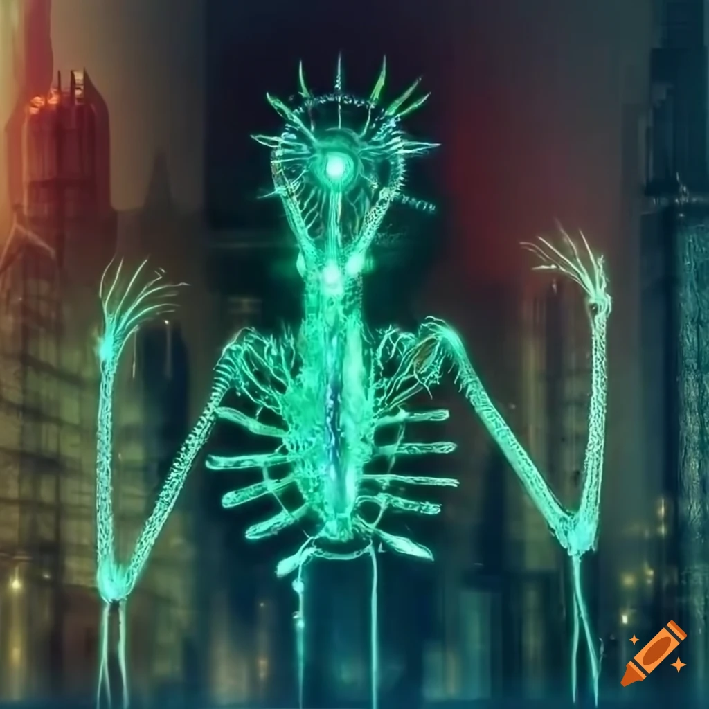 Glowing biopunk Venus flytrap creature in a moss-covered cityscape with cybernetic technology