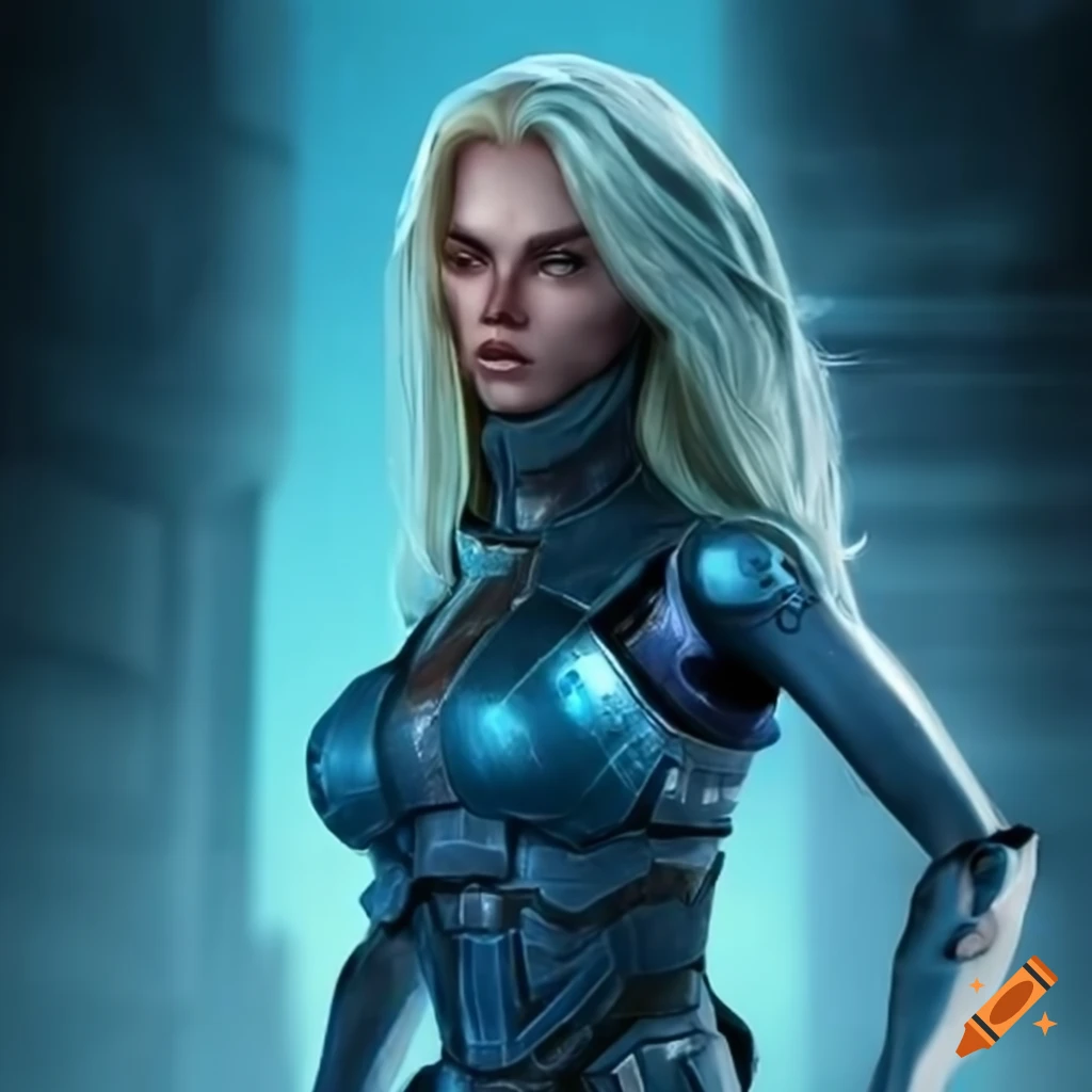 Sci-fi android with blue skin and blonde hair on Craiyon