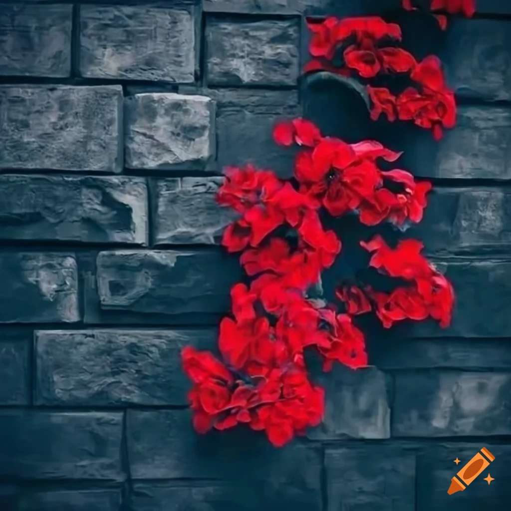 Red flowers climbing a black and grey stone wall on Craiyon
