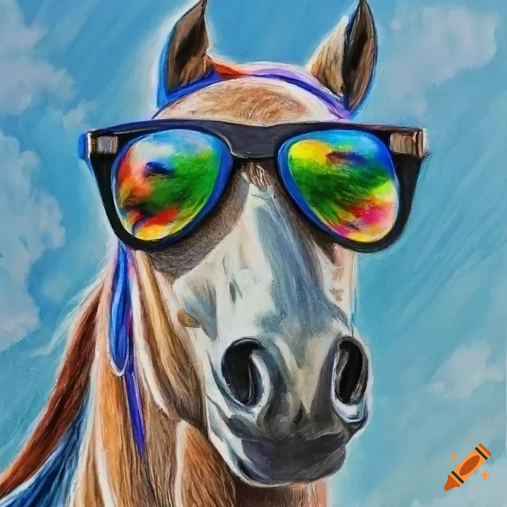 Stylish horse wearing sunglasses in a detailed colored pencil
