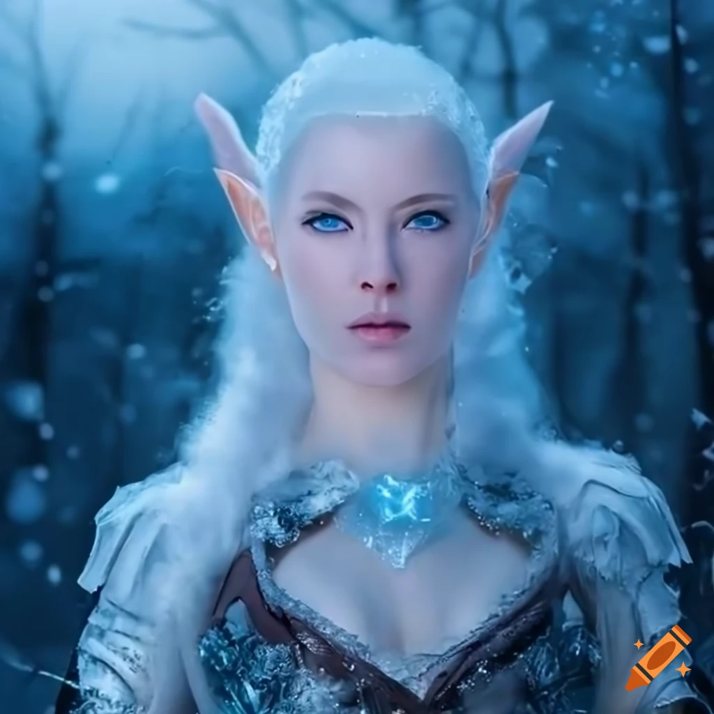 Snow-haired female warrior snow elf in glowing white armor amidst a ...