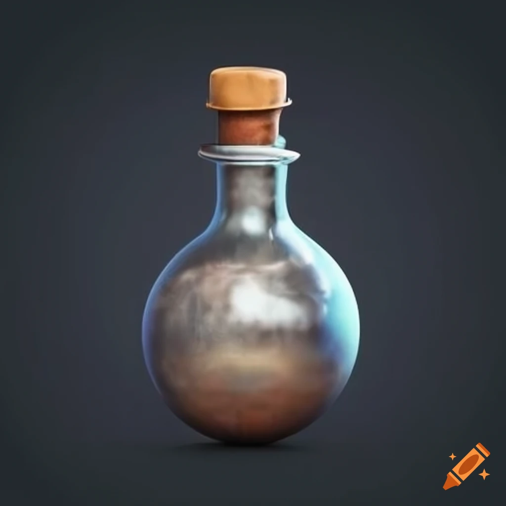 Realistic potion of liquid gray metal mercury with brown cap