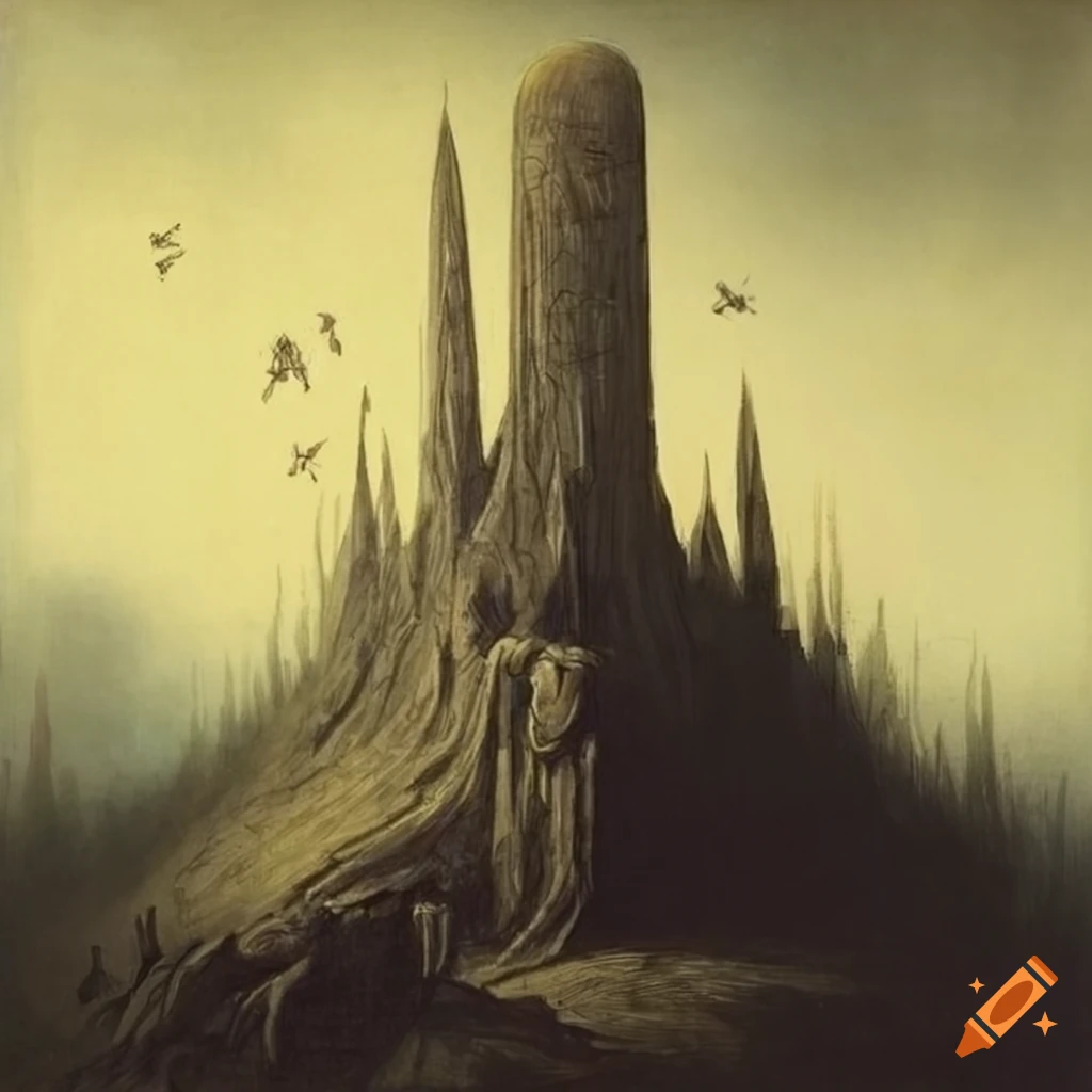 Depiction of ancient druid-like devil in a landscape setting inspired by Gustav Dore and Beksinski with etching style