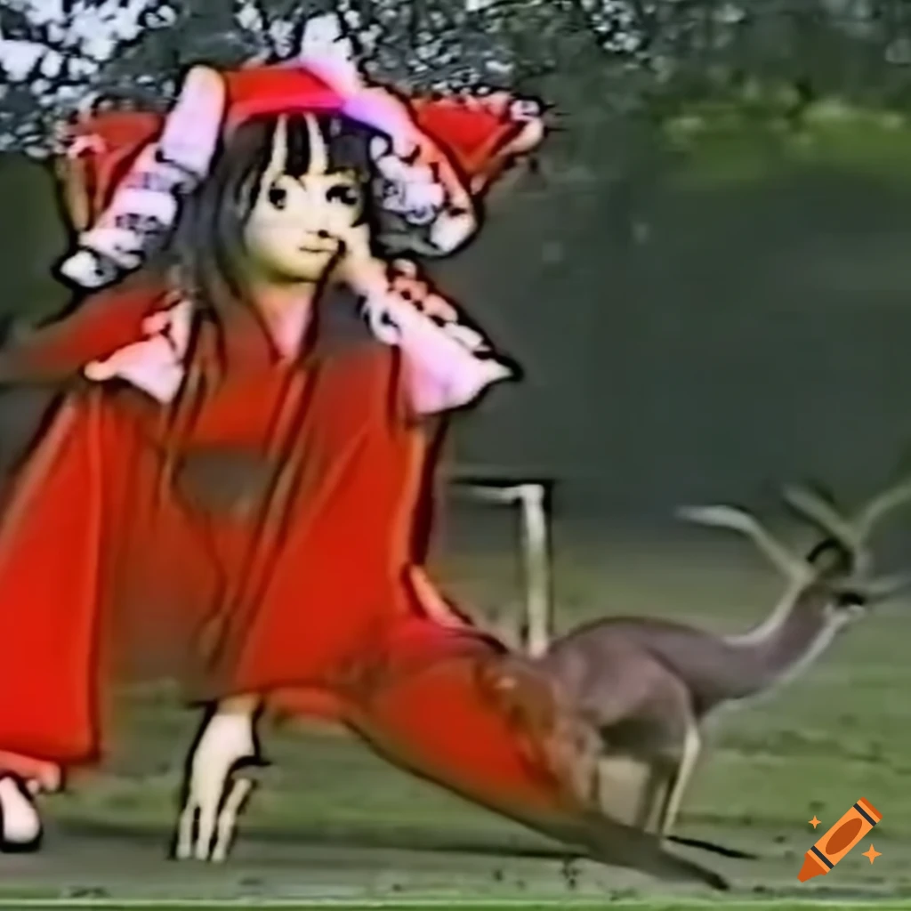 Reimu Hakurei wearing red tracksuit battling a kangaroo outside an Australian house in a VHS screenshot