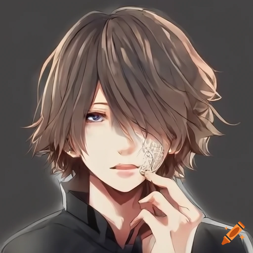 Anime boy with fluffy ash brown hair covering his eyes
