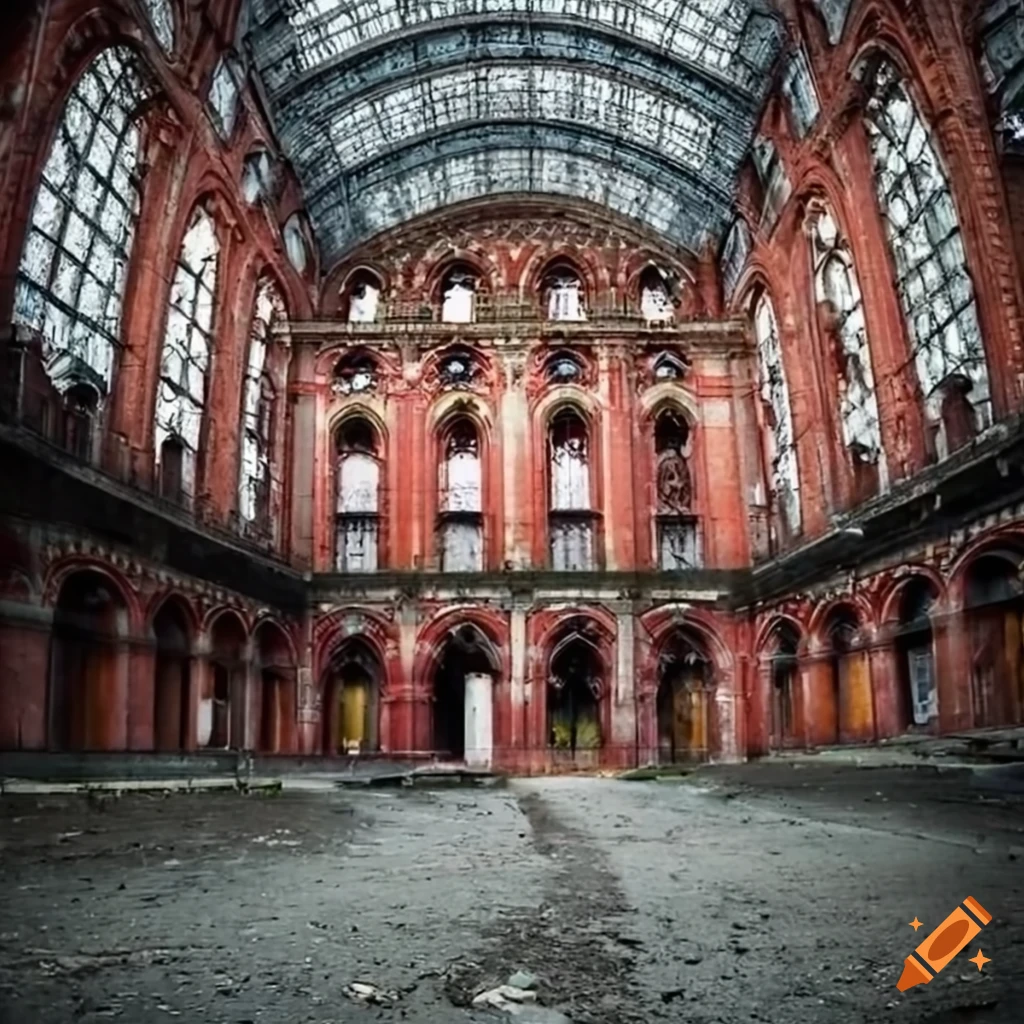 Abandoned St. Pancras station with decaying structure and train cars