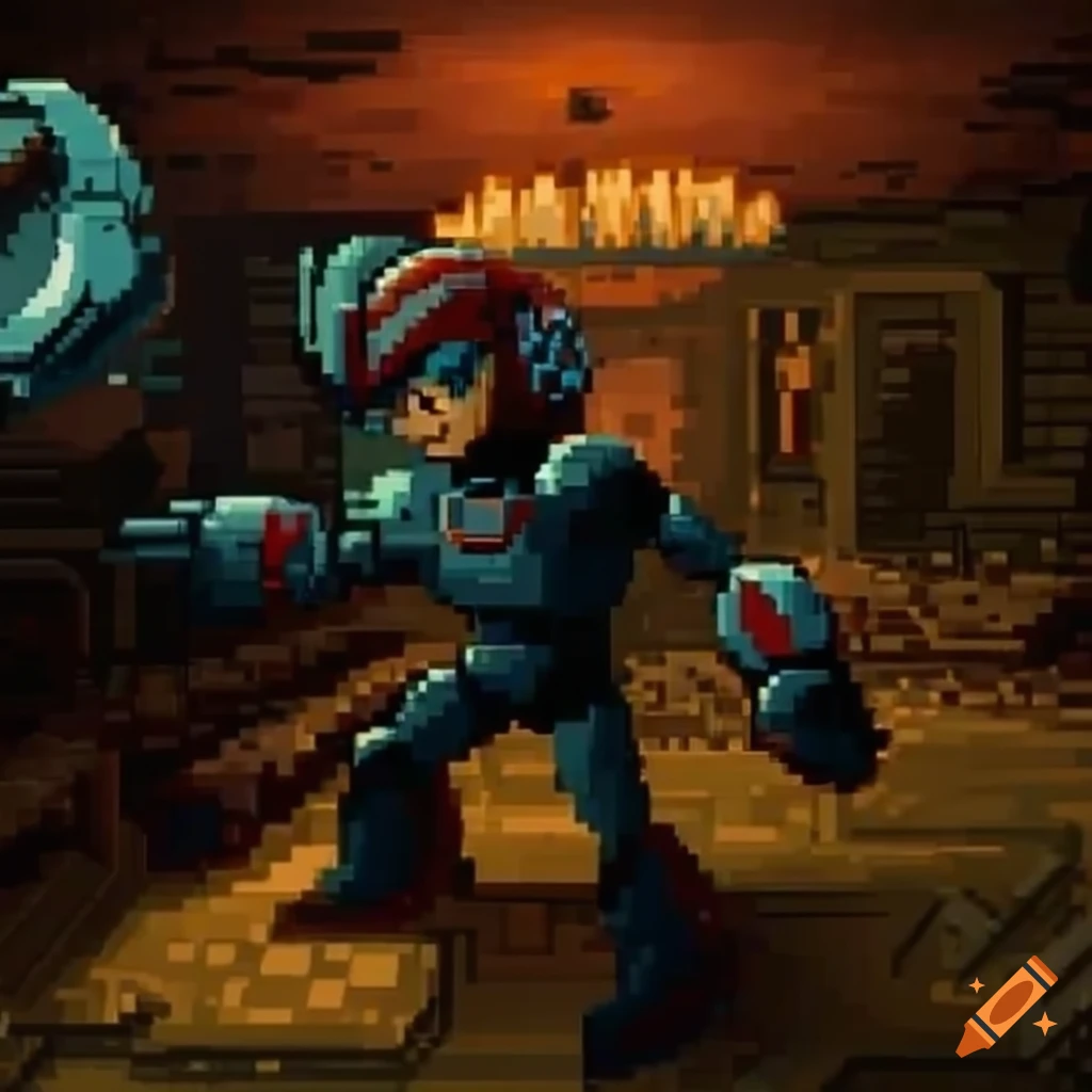 Retro FPS gameplay scene in abandoned Castle Wily with pixel art style