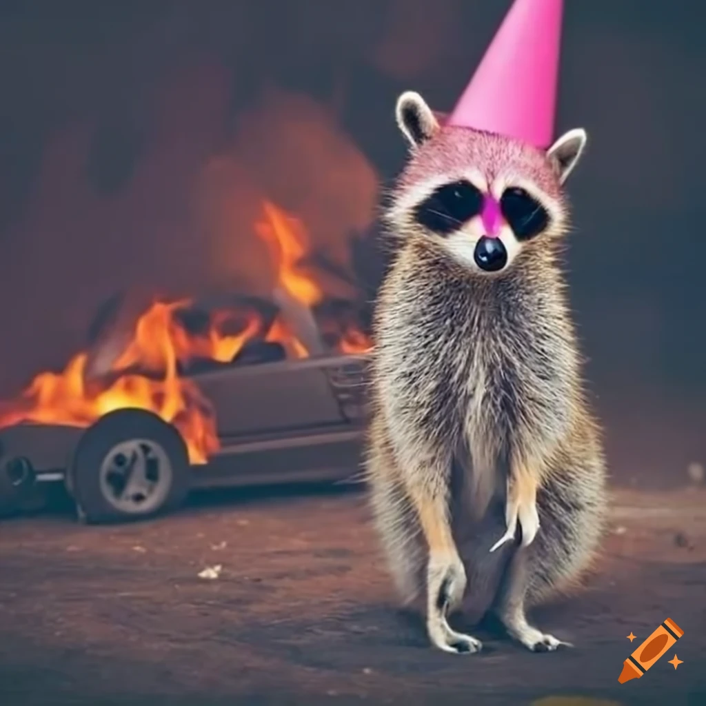 Raccoon in pink party hat and sunglasses next to a car on fire