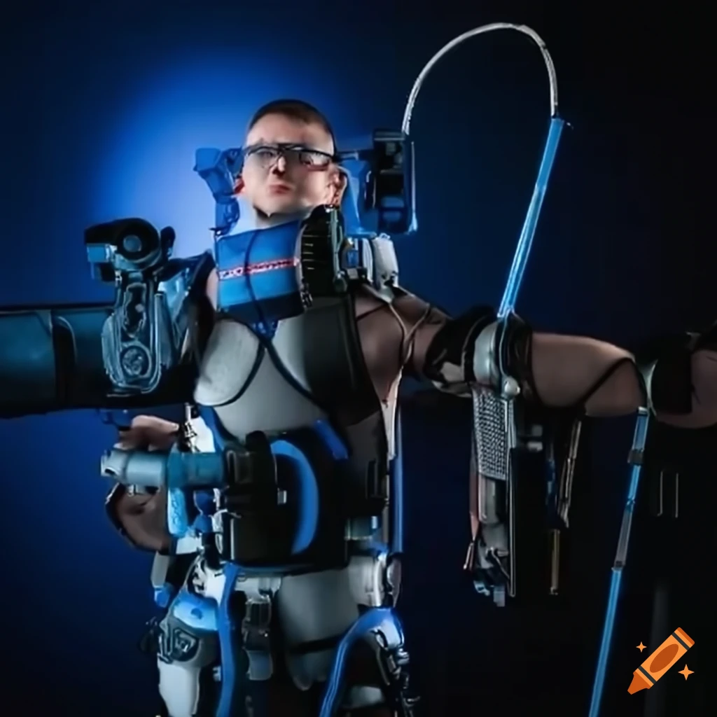 Man in blue powered exoskeleton with arm cannon on Craiyon