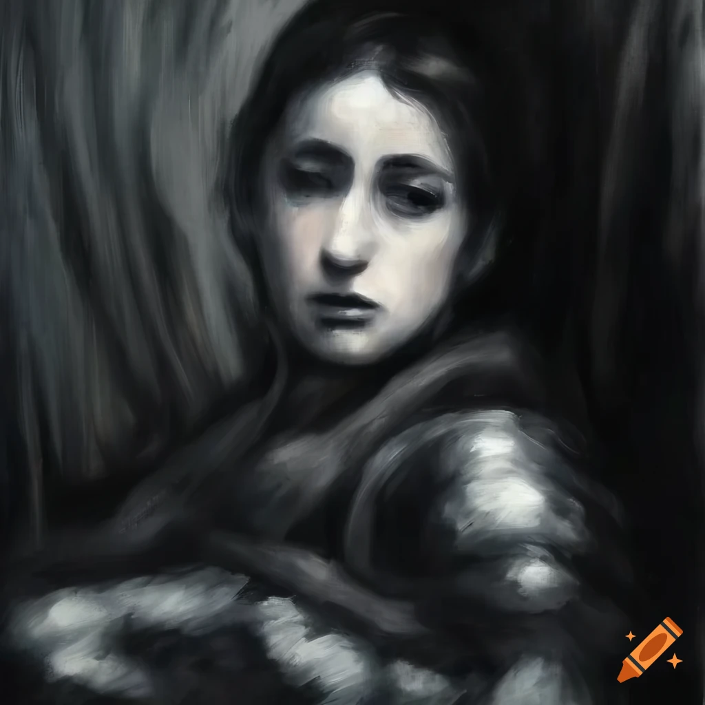 Renoir knife palette painting of joan of arc in dark black and white