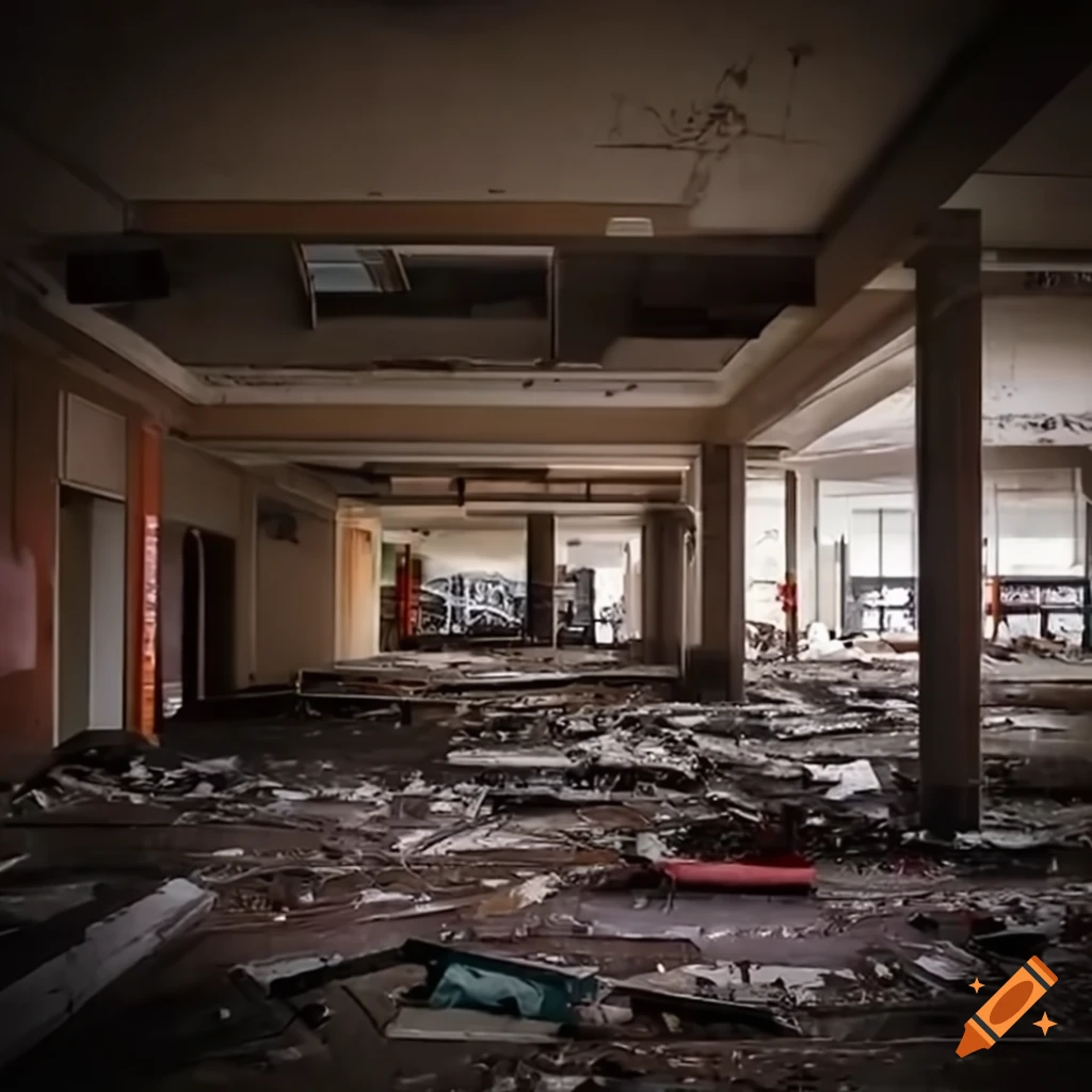 Abandoned mall with gutted stalls and leftover furniture
