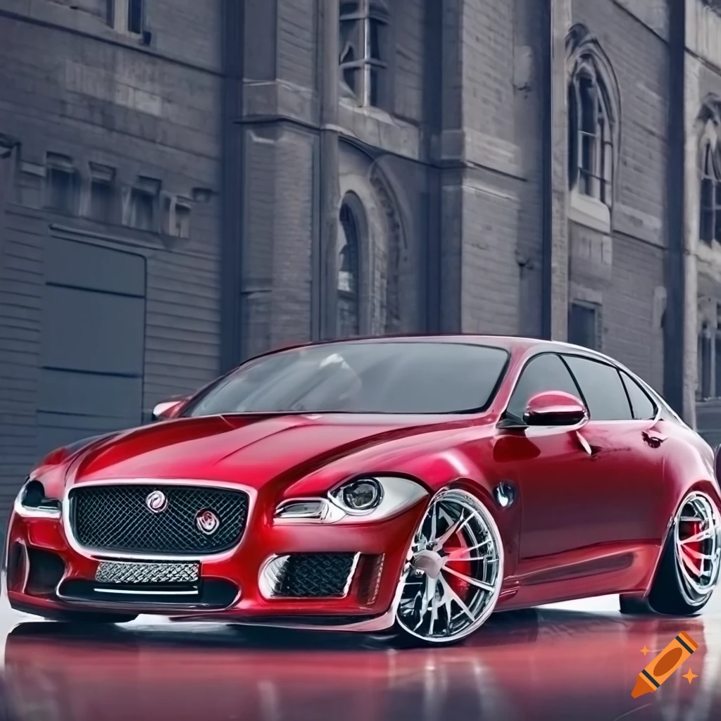 Jaguar xjr in candy apple red with silver fivespoke wheels and flared