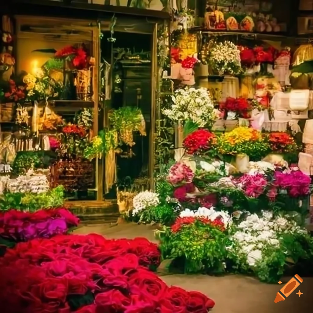 Beautiful flower shop filled with colorful flowers and trees on Craiyon