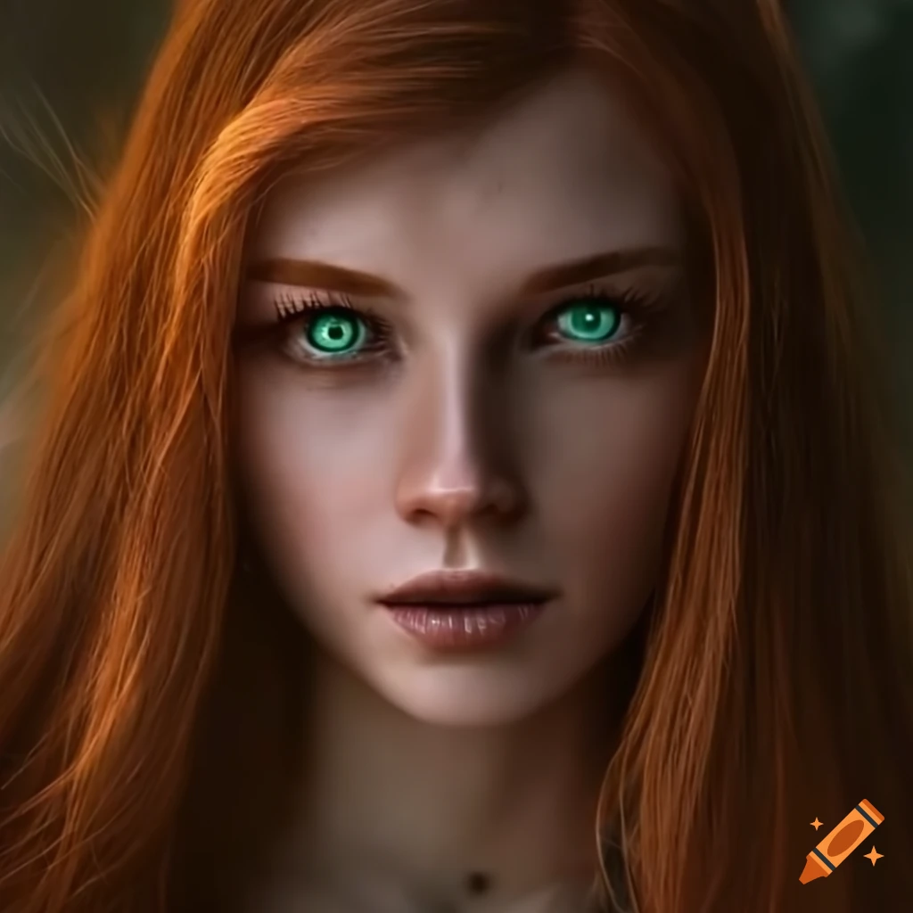 Auburn haired elven woman with green eyes and freckles in the forest on ...