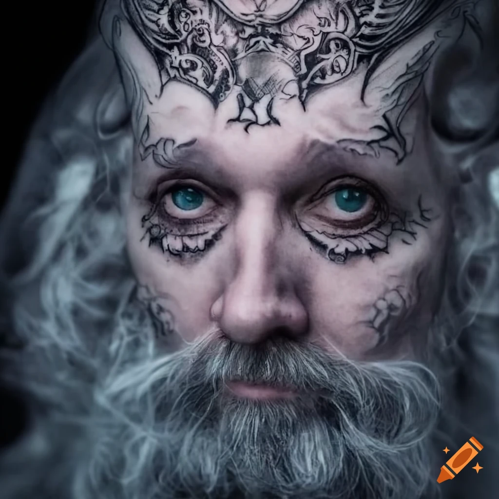 Mythical sorcerer with enchanting eyes, white beard, and ancient tattoos