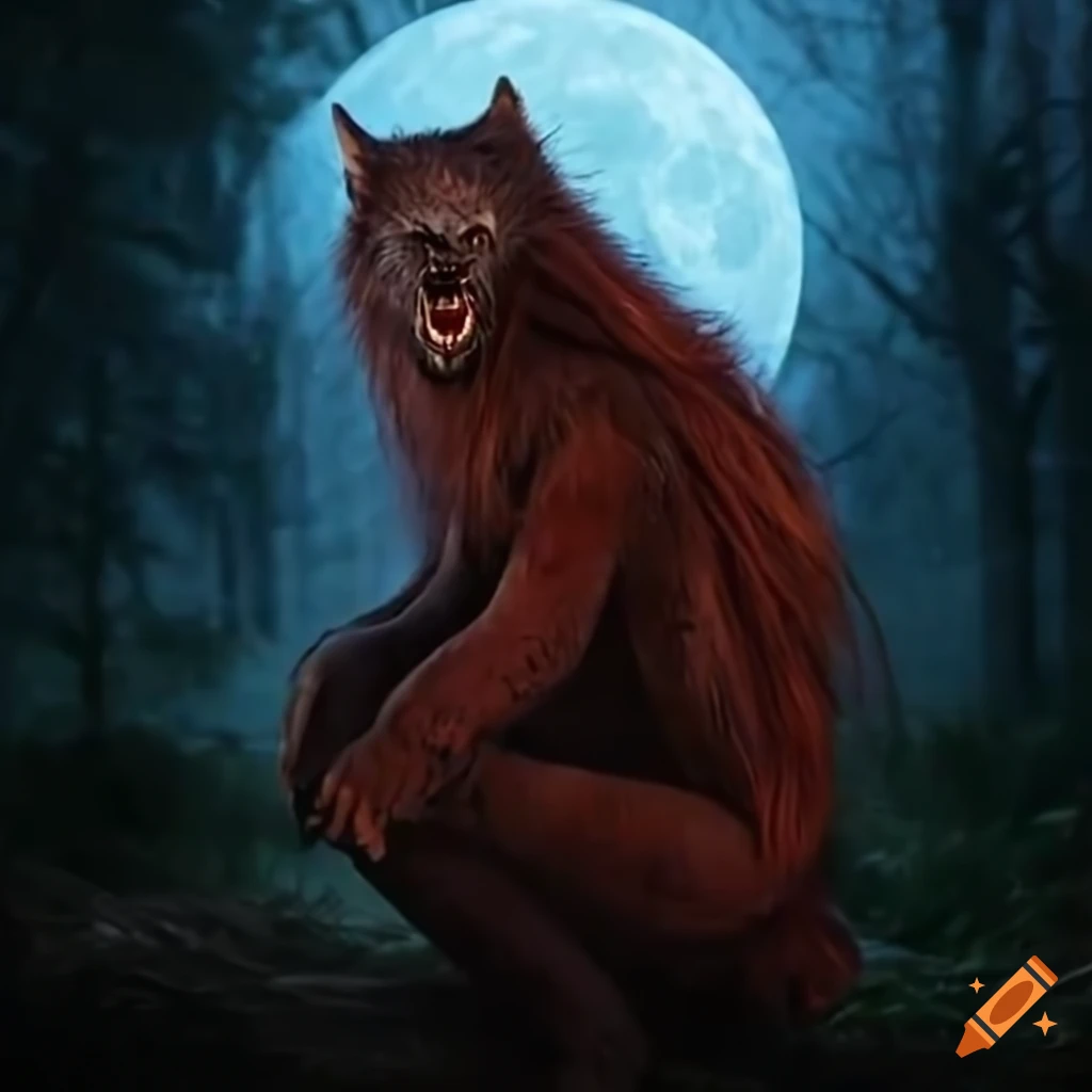 Irish female werewolf with red fur under a full moon in a forest