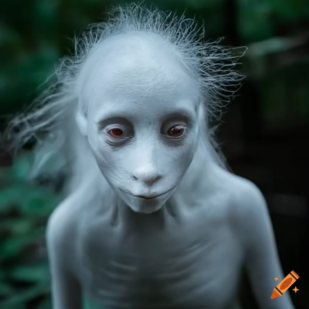 White humanoid creature in the nighttime woods