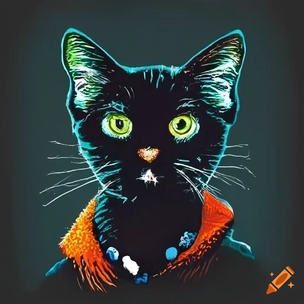 Pointillism black cat retro style art