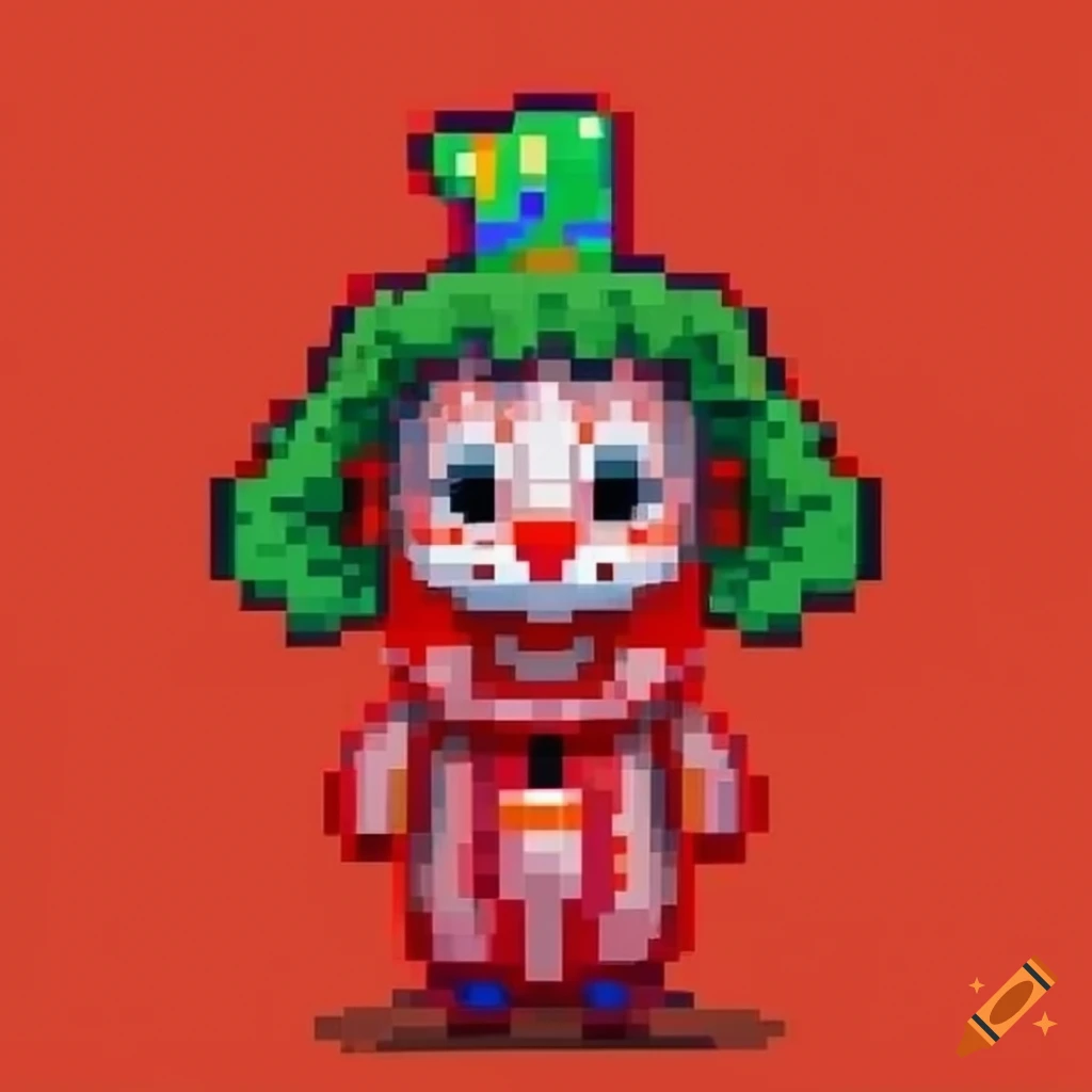 Pixel art of a cute clown in a vibrant red suit