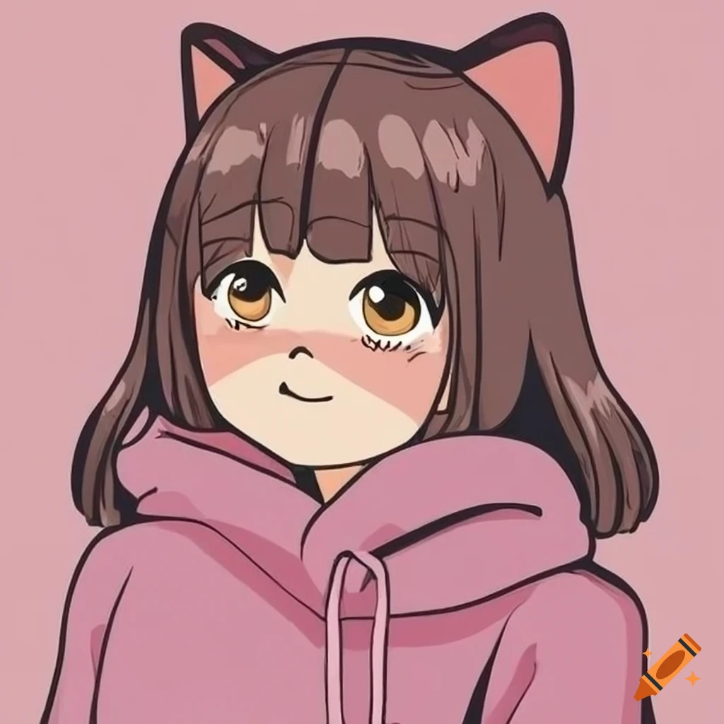 Catgirl with dark brown hair and brown eyes in a pink hoodie