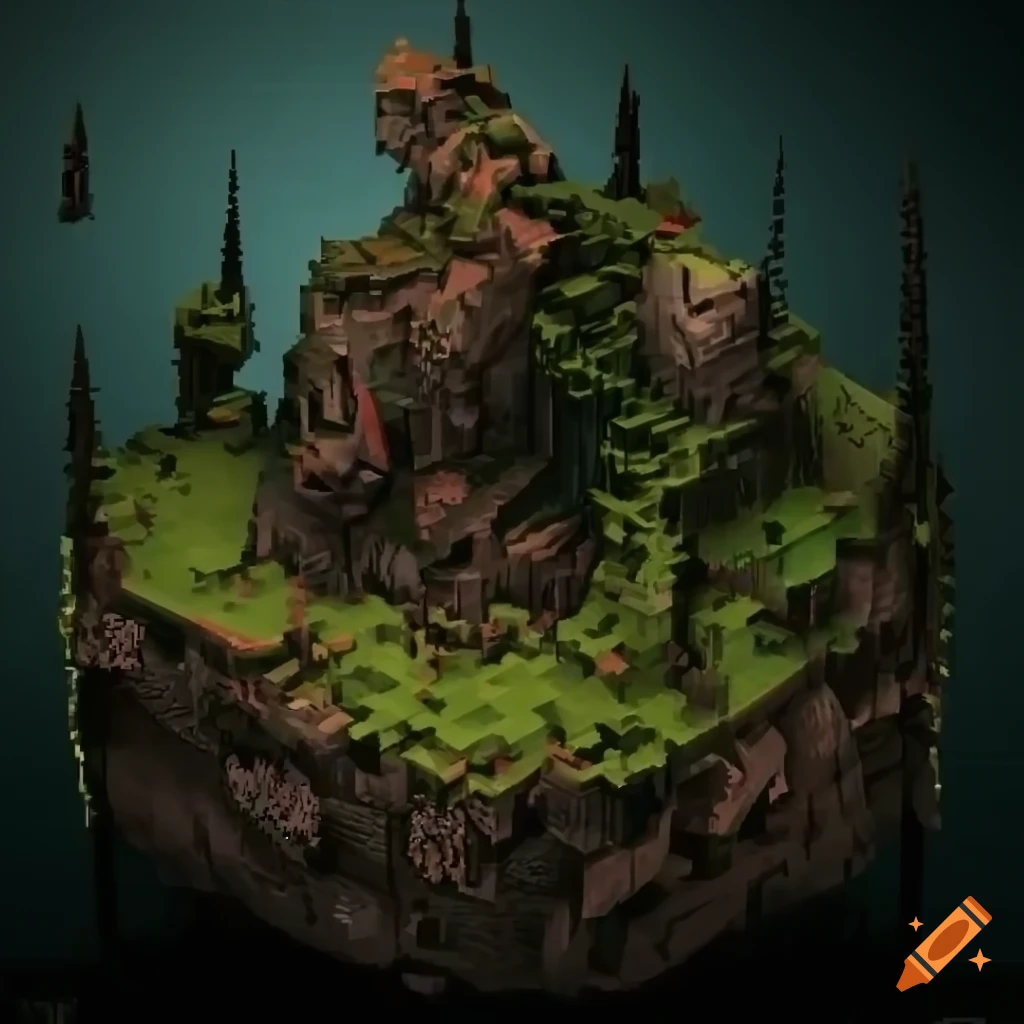 Overgrown terrain in isometric view reminiscent of Exanima, Minecraft, and Darkest Dungeon