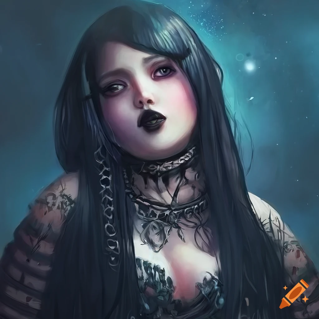 Chubby gothic girl with black hair in a digital painting by Artgerm on