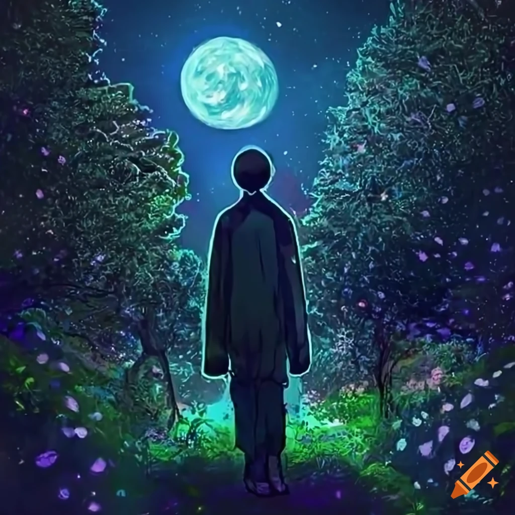 Lonely man in a neon-lit garden under a starry night sky on Craiyon