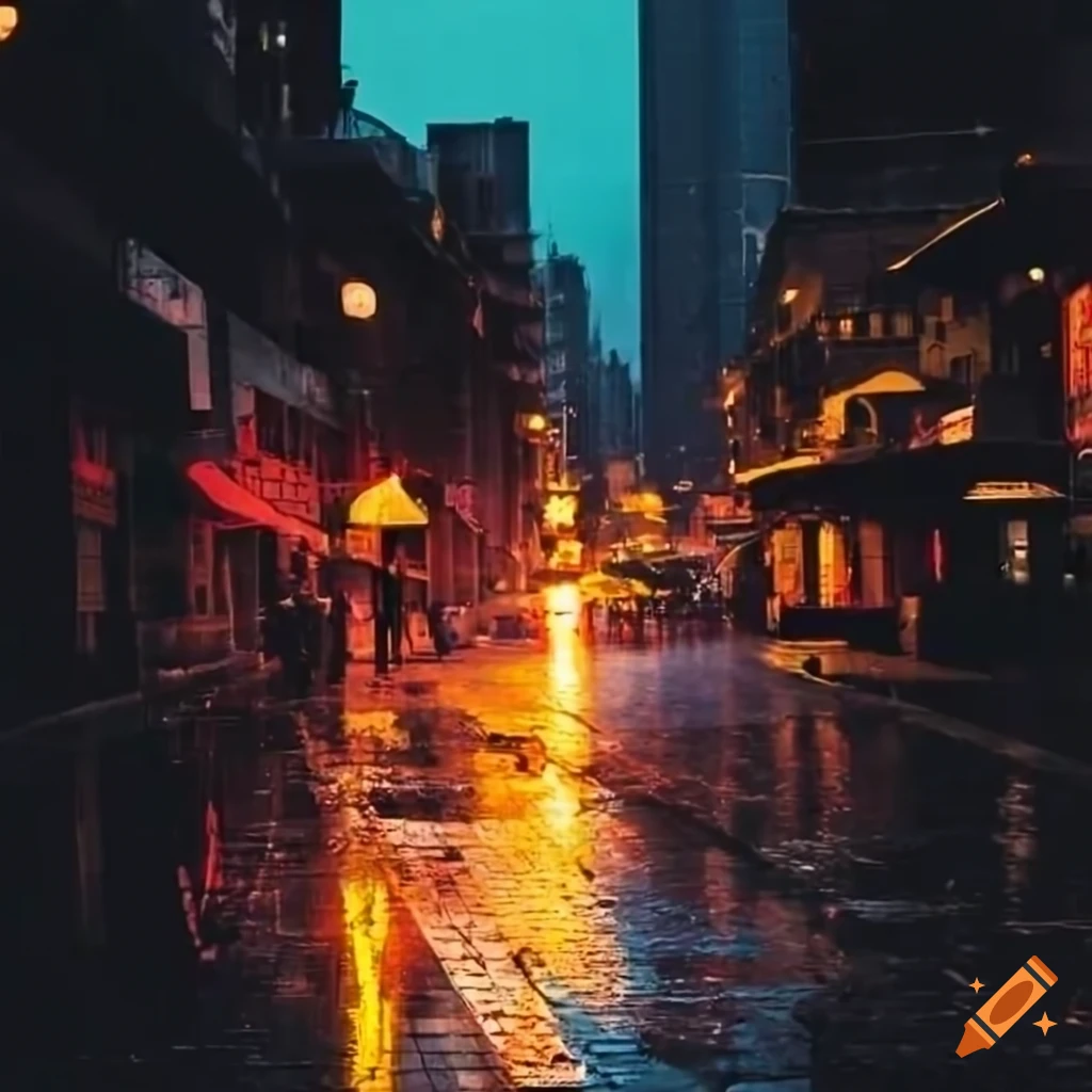 Vintage Taipei street scene at sunset under heavy rain
