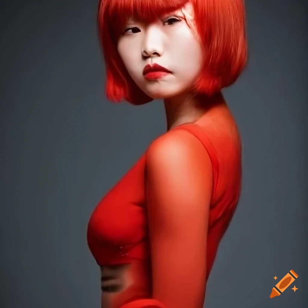 Nine-tailed fox red bear woman with a sleek bob haircut by peilin yang ...