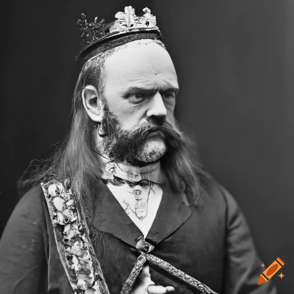 Old overweight english king with white beard in royal attire from the