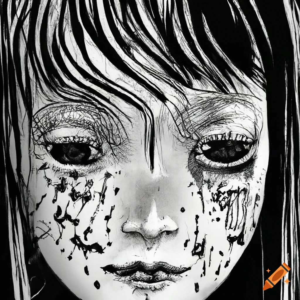 Ink portrait of a girl with sharp teeth and big black eyes in Junji Ito's style
