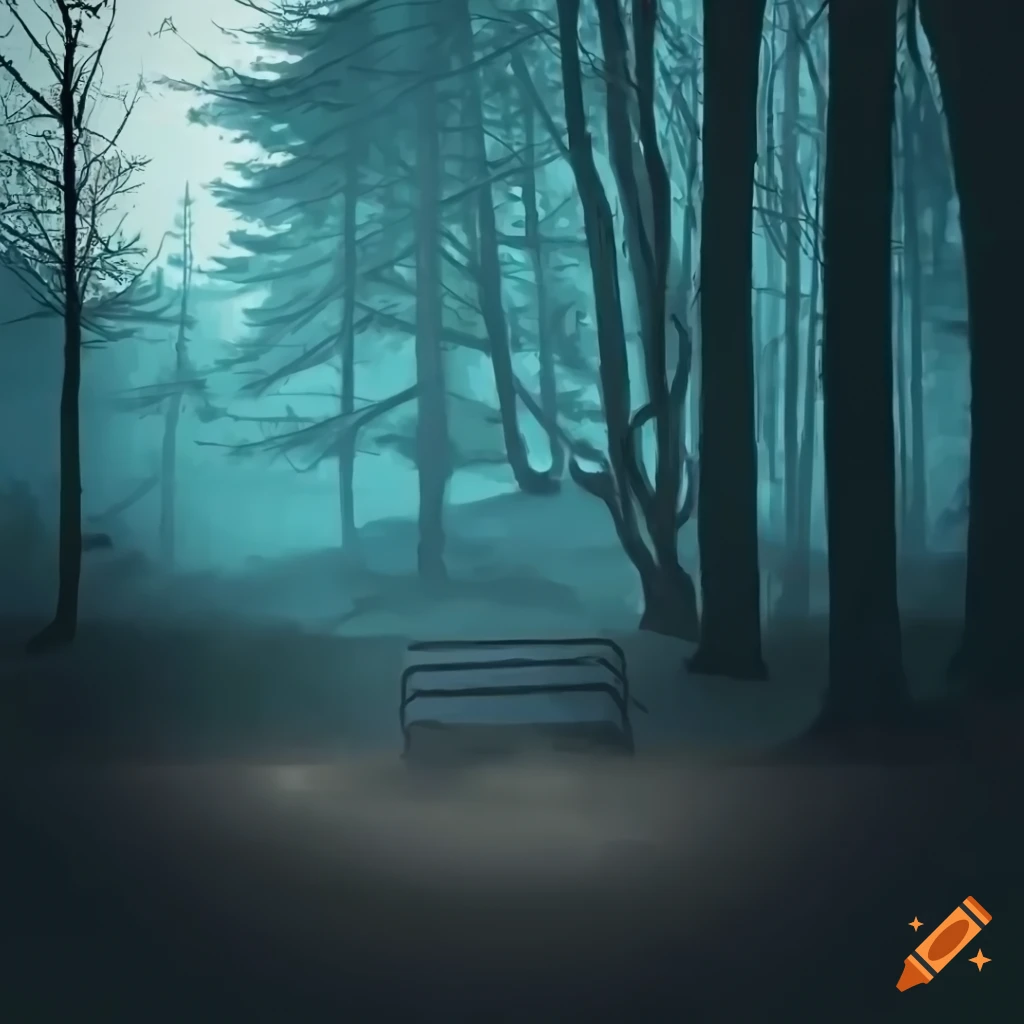 Park clearing with dirt path and metal bench at night near a city