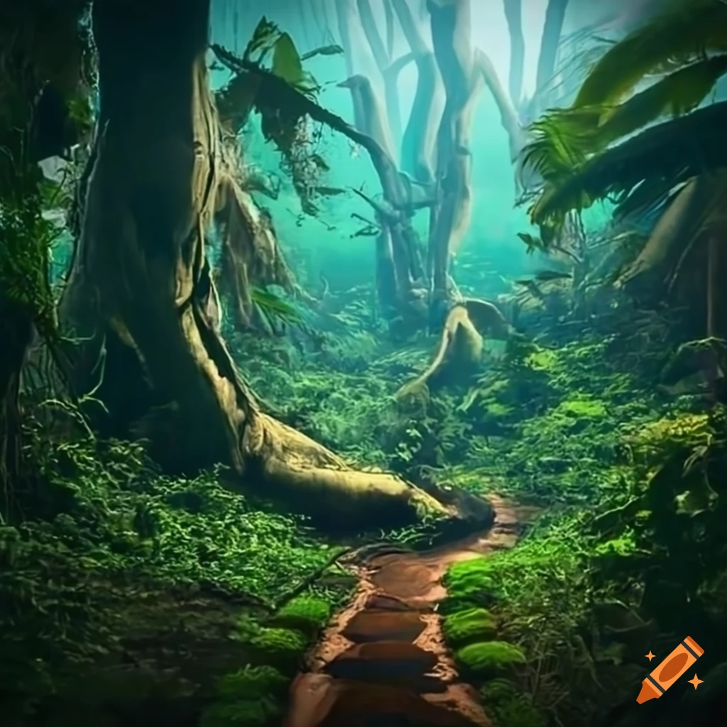 Path through mysterious jungle to hidden treasure chest on Craiyon