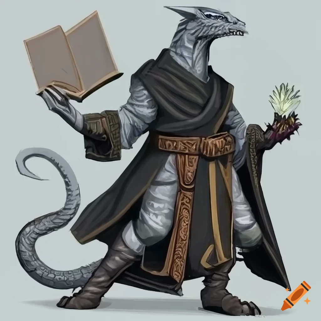 White dragonborn dnd character in a black robe holding a magical book ...