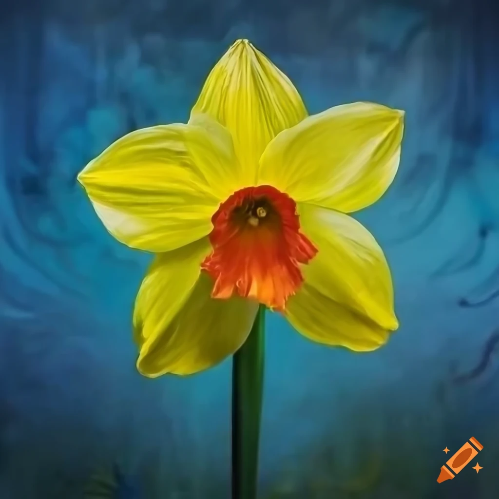 Art nouveau style painting of a yellow daffodil flower with intricate details and blue hour lighting