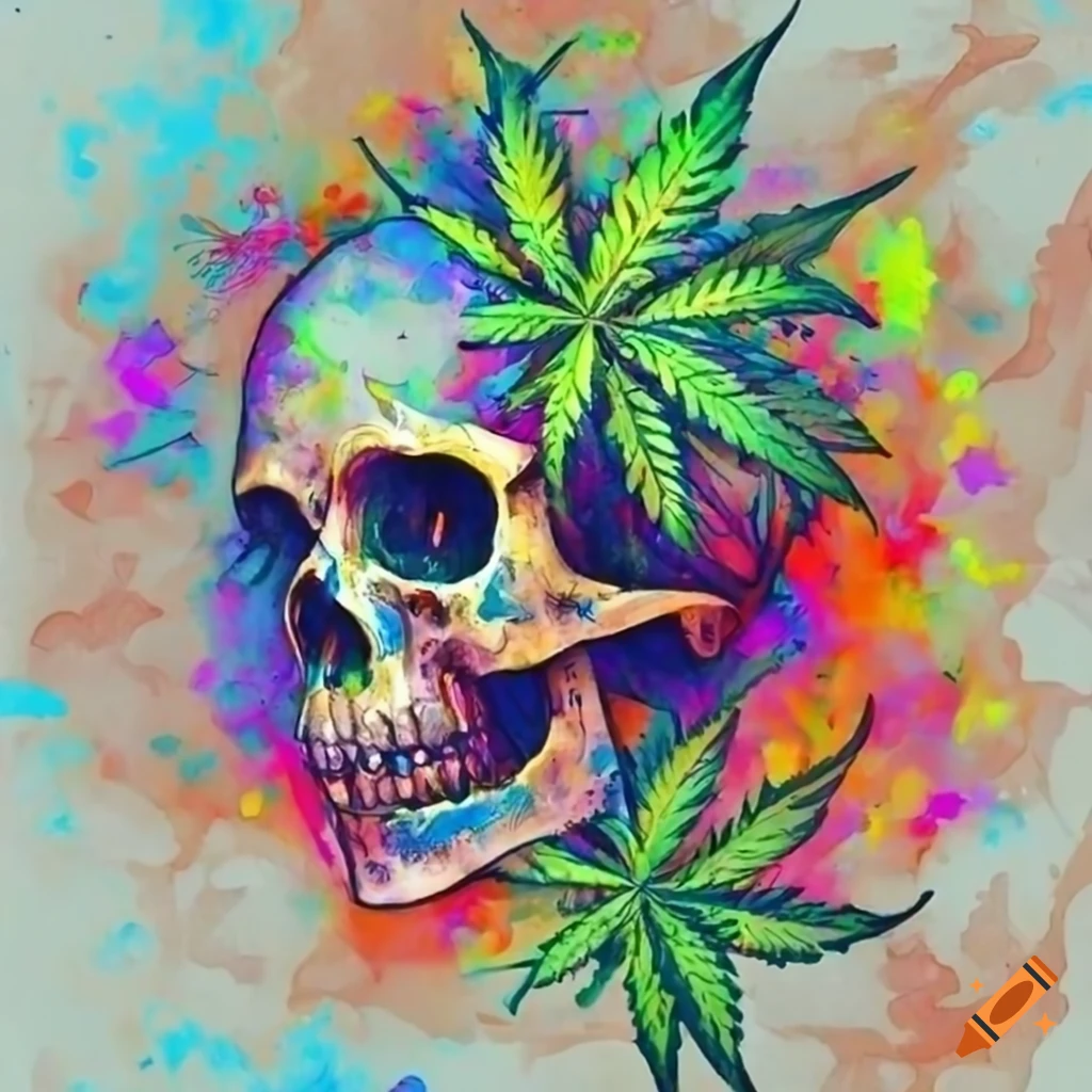 Colorful hand-drawn skull with marijuana motif