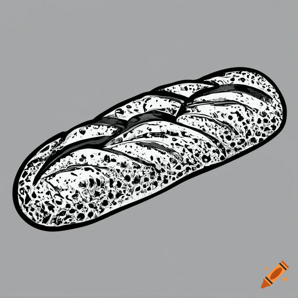 Hand drawn black and white vector illustration of a French baguette
