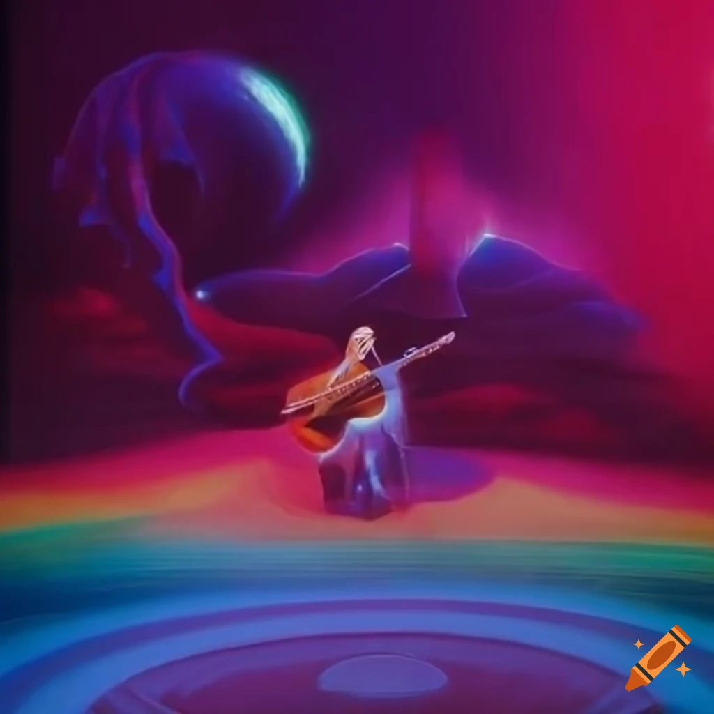 70s sci-fi style scene with colorful desert and Michel Polnareff playing guitar