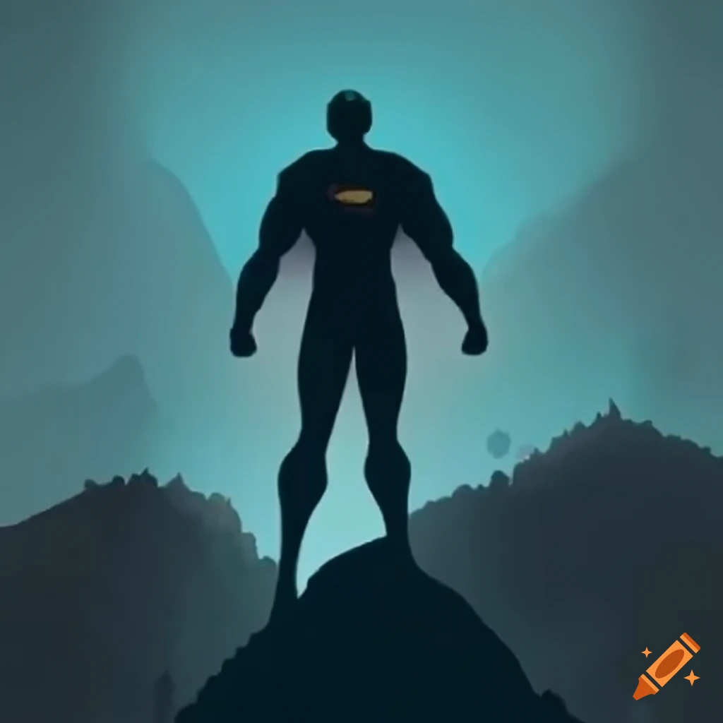 Silhouette of Superman overlooking a valley in manhwa style