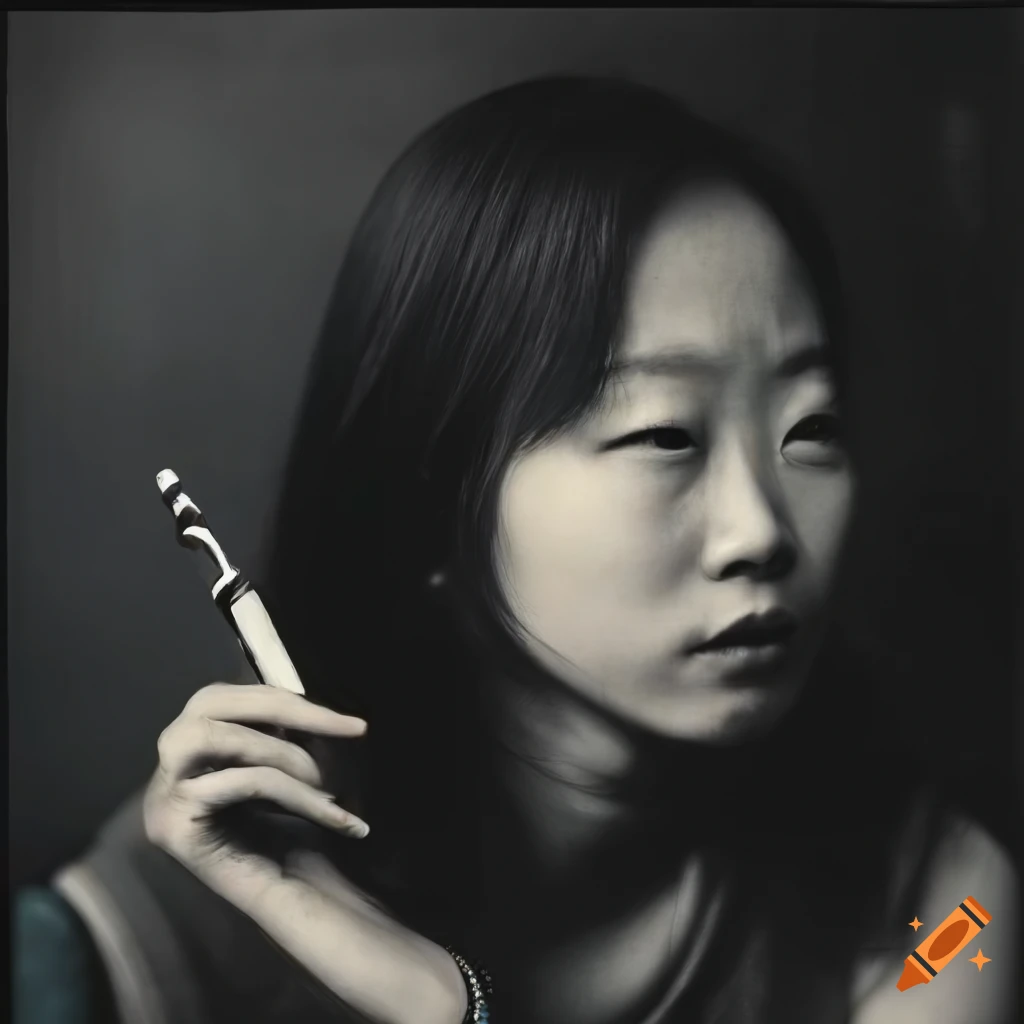 Peilin Yang sitting on a parking lot's edge with a mischievous gaze