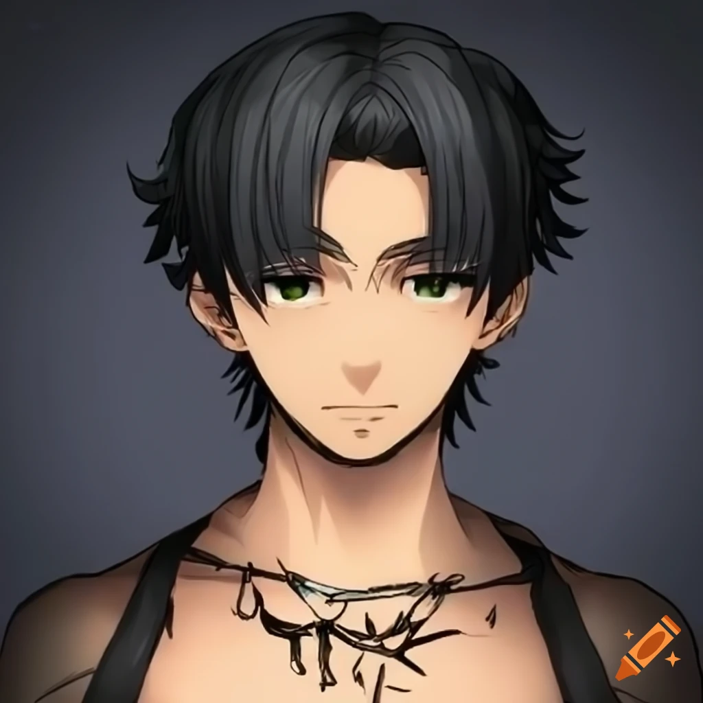 Hispanic male anime character with tanktop and short black hair on 