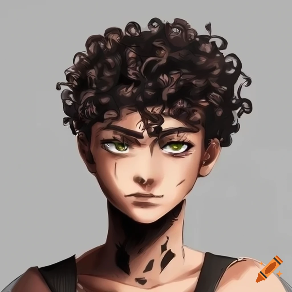 Japanese anime-inspired male character with dark brown skin and curly hair