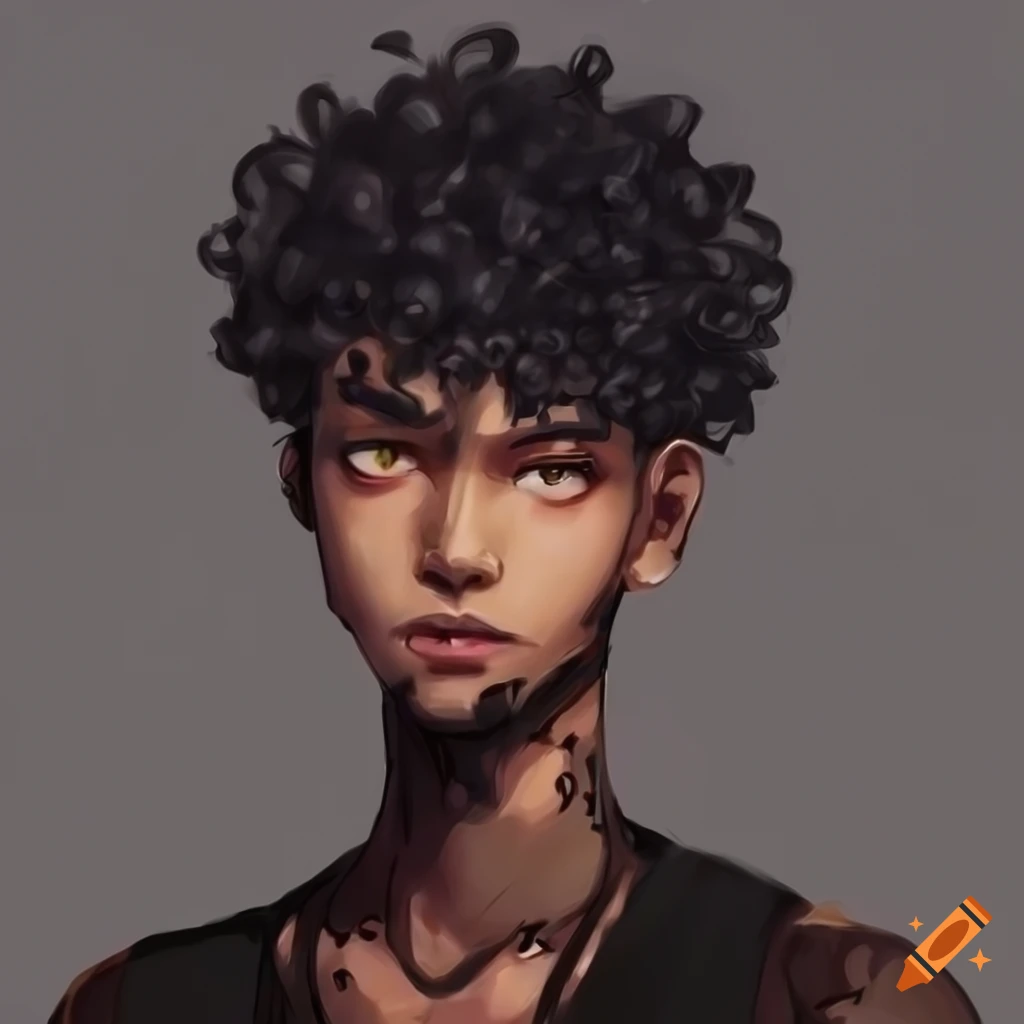 Japanese anime-inspired male character with dark brown skin and curly hair