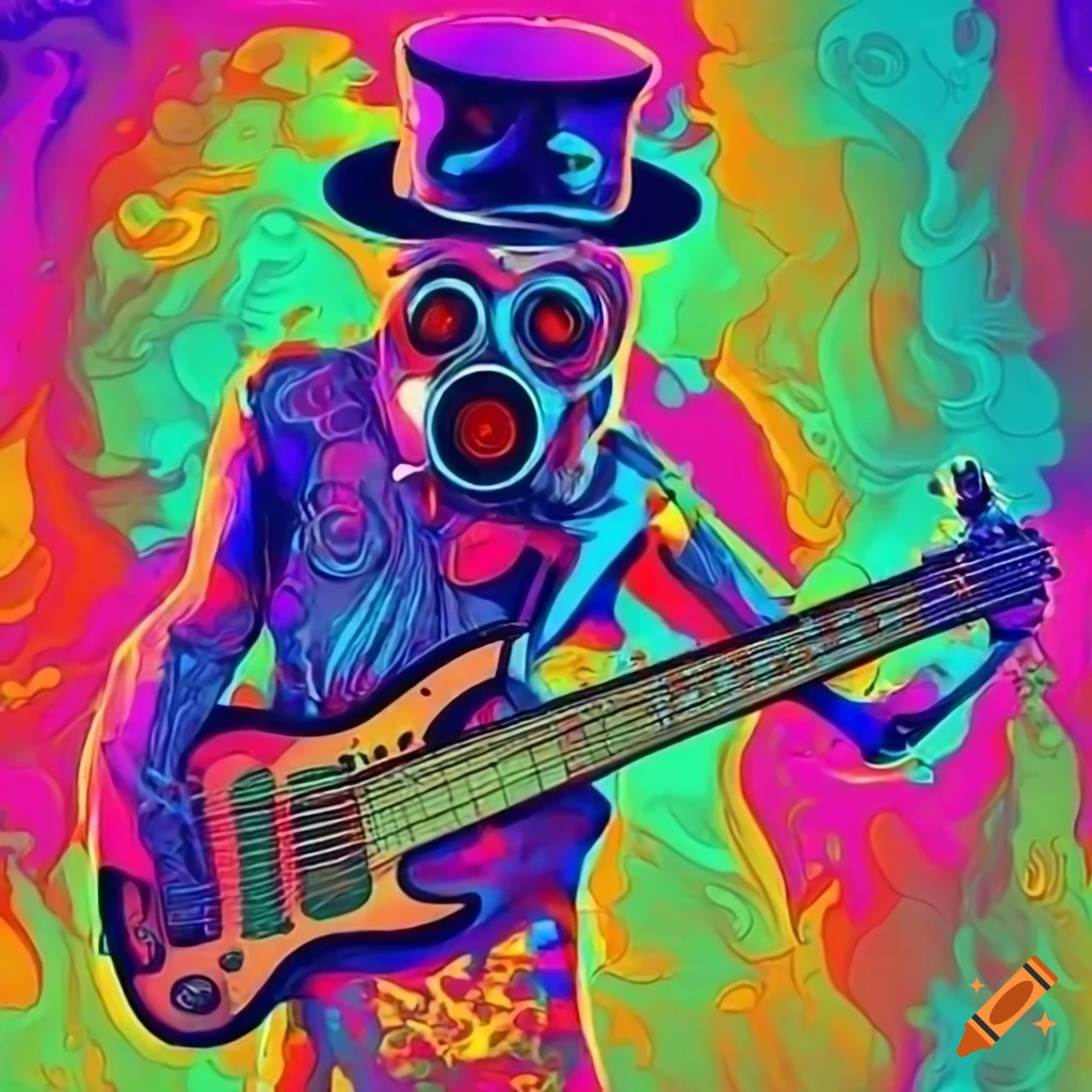 Artistically distorted figure in top hat and gas mask playing bass