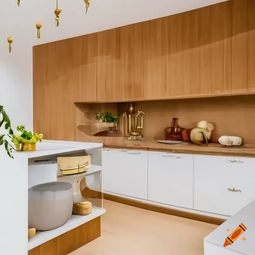 Interior view of a creative organic kitchen with natural elements and ...